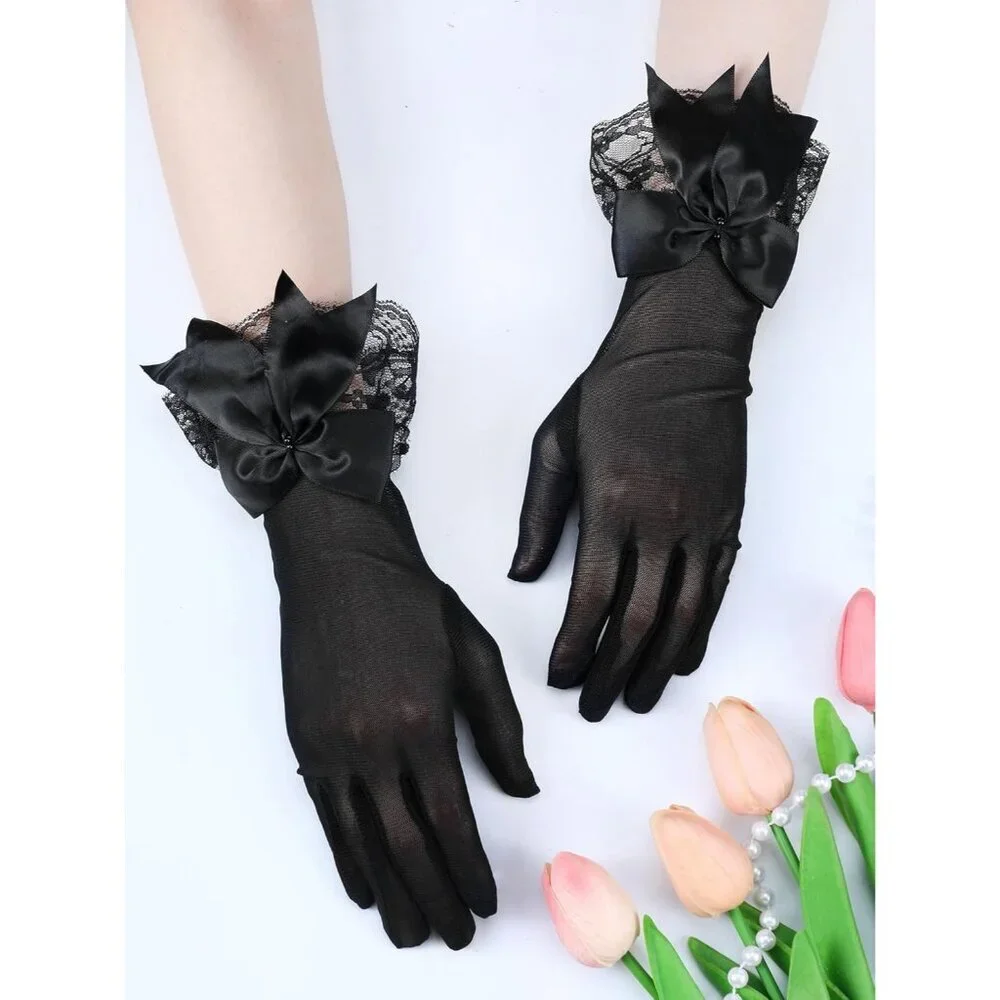 Women's Evening Black Elegant Short Lace Bow Gloves Party Wedding Accessories